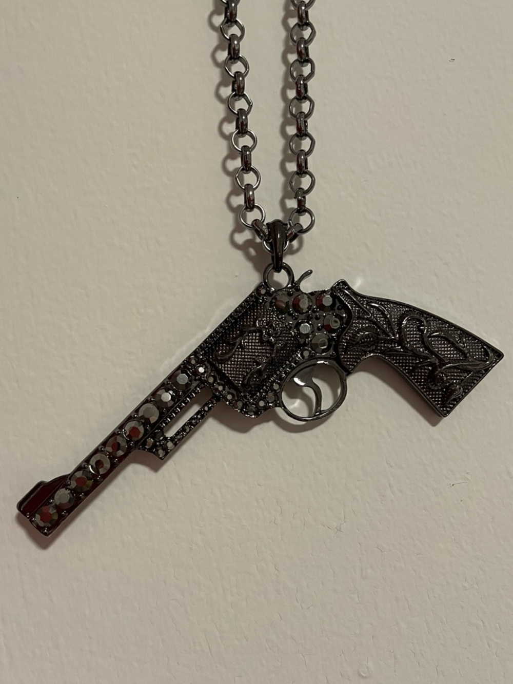 Revolver Pendant Necklace in Gunmetal with Rhinestones